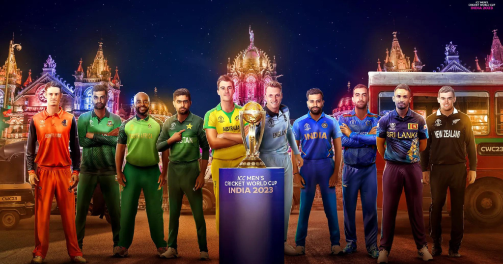 Captains of India, Australia, Pakistan, England, New Zealand, and other countries posing in front of the ICC Men's Cricket World Cup 2023 trophy