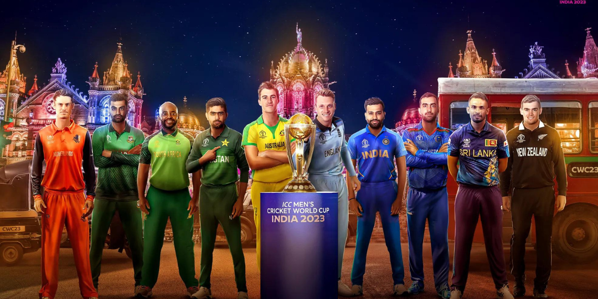 Captains of India, Australia, Pakistan, England, New Zealand, and other countries posing in front of the ICC Men's Cricket World Cup 2023 trophy