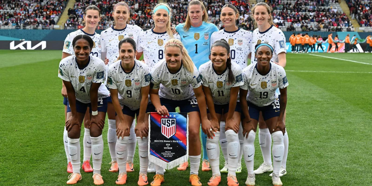 On July 22, 2023, Team USA gathered for a group photo at Eden Park in Auckland, New Zealand, just before their 2023 World Cup opener against Vietnam.